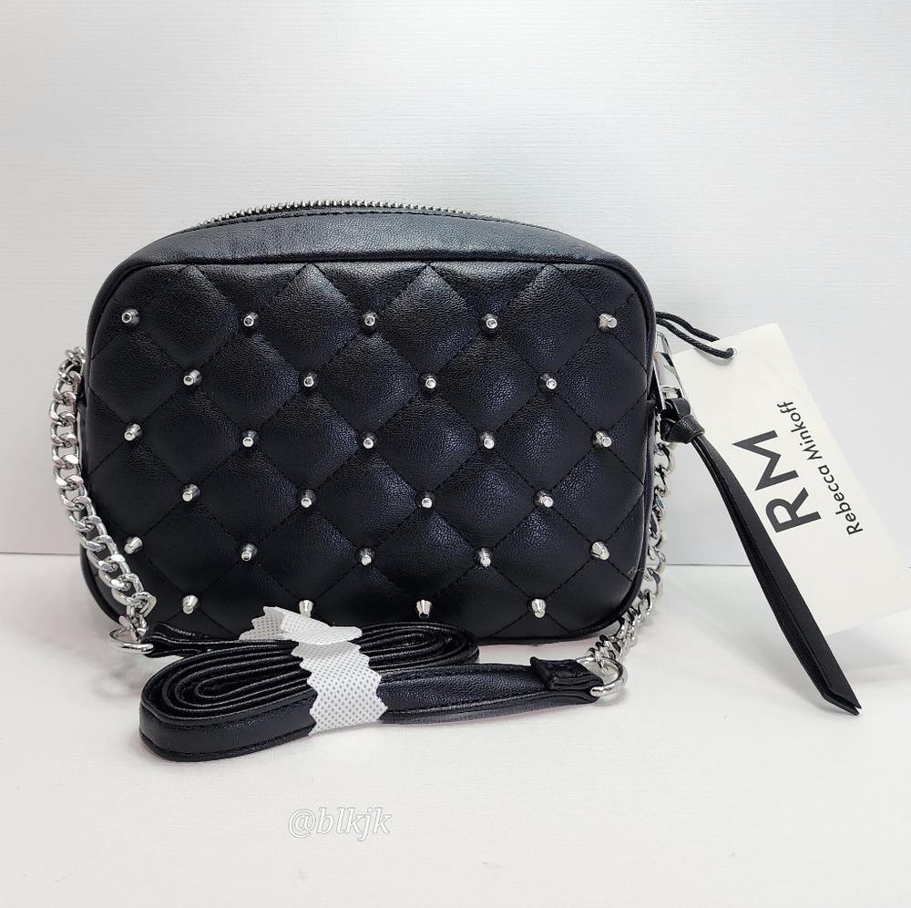 Rebecca Minkoff Diamond Quilt Studded Zip Top Crossbody Bag NWT *Black/Silver*